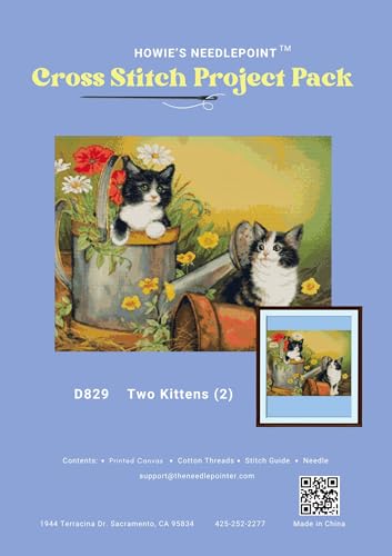 Image of Howie's Cross Stitch Kits, 14CT Pre-Printed Pattern Embroidery Set Needlework, Full Range of Stamped Starter Kits(Two Kittens, 21.65 x 18.11 inch)