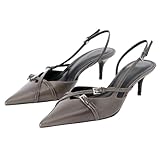 Yishaweiqi Slingback Kitten Heels for Women Buckle Strap Pointed Toe Dress Pumps Shoes Slip On Heeled Sandals Grey