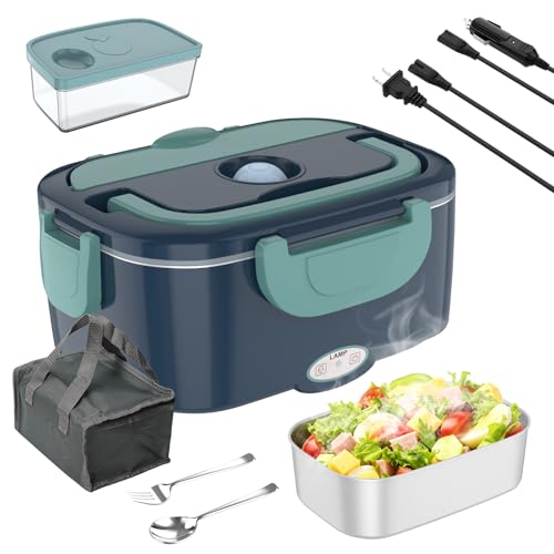 Lunch Box Chauffante Électrique 2 en 1 12V/24V/110V/220V,Boîte à lunch électrique,1.5L 60W Acier Inox Chauffage Rapide Gamelle,avec fourchette,pour...