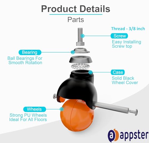 Image of 5pcs Premium Ball Caster Wheels Swivel 360 Rotating Bearing Casters Wheel for Office Chair, Furniture Table Trolly, Heavy Duty Weight Capacity 150kg - 3 /8 inch Thread Type