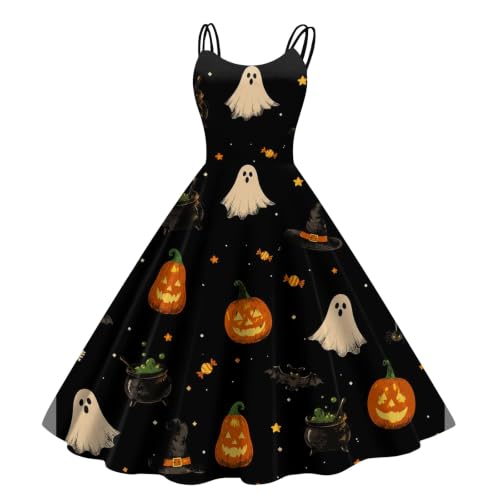 Vestido de mujer Halloween evasé retro de tirantes finos negro para moda alternativa