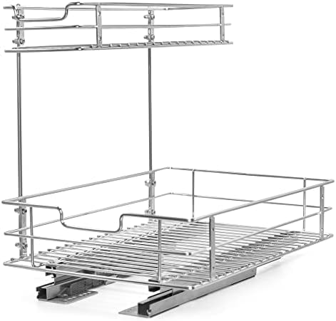 mRUB 2-Tier Cabinet Pull Out Shelves - Stainless Steel Under Shelf Storage for Kitchen, Pantry or Bathroom, Heavy-Duty Under Kitchen Sink Organizer, Anti-Rust Slide Out Cabinet Organizer