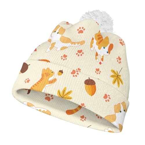 Hechitok Knit Winter Pumpkin Cat Beanie Hats, Beanie Knit Soft Warm Cuffed Hat for Girls Boys for Work Vacation Spring Autumn, White Ball