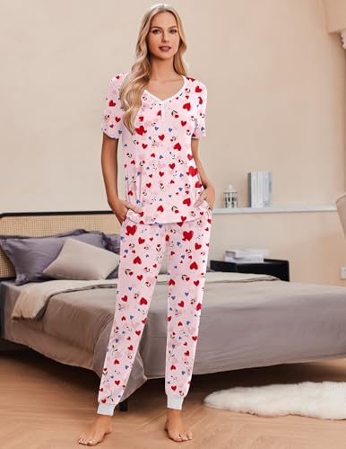 Image of Ekouaer Pajamas for Women Set 2 Piece Fall Lounge Sets Short Sleeve Pjs Joggers Long Pants Sleepwear with Pockets