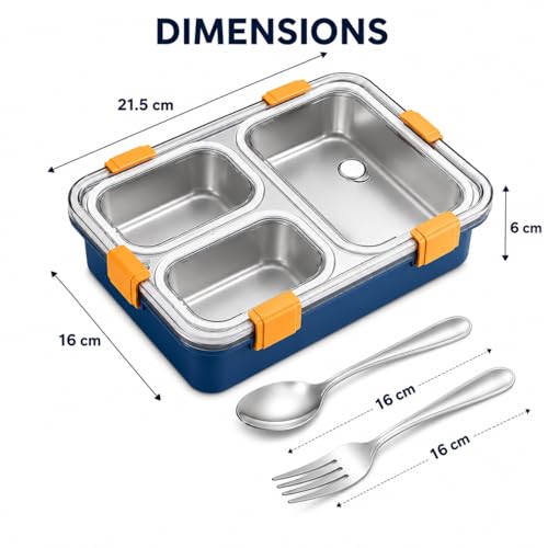 Image of Misamo Enterprise Stainless Steel Lunch Box for Kids & Adults, 3 Compartment Lunch Box, Leak Resistant Food Grade Tiffin Box with Spoon & Fork, BPA Free (Blue)