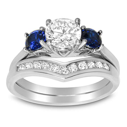 LaRaso & Co His Hers Sterling Blue Sapphire CZ Bridal Wedding Band Engagement Ring Set Him Her Thin Blue Line2