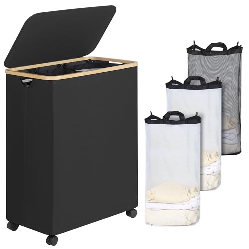 iEGrow Lagre Laundry Basket with Wheels, Laundry Hamper with Lid, 160L Clothes Hamper for Laundry with 3 Liner Bags, for Laundry Room, Bedroom, Dormitory Organization,Black