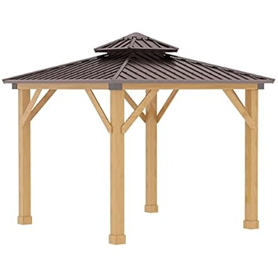 Outsunny 10' x 10' Hardtop Gazebo with Galvanized Steel Double Roof, Wooden Frame, Permanent Pavilion with Ceiling Light Hook, for Garden, Patio, Backyard
