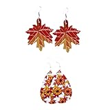 Abaodam Boucles D’Oreilles de Fête Thanksgiving en Cuir Naturel Pendentifs Feuilles D’Érable et Citrouille 2 Paires Automne Chics Accessoires Bijoux pour Soirées et Repas Festifs