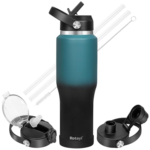 Rotayi 32oz Water Bottle, Fits in Any Car Cup Holders - Triple Wall Vacuum Insulated Water Bottles with 2 Straw lids and 1 Spout Lid - Stainless Steel Travel Water Flask Jug - Keep Cold 48H & Hot 24H