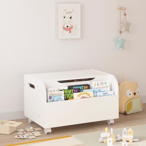 Storage Bookcase Organizer with Front Bookshelf and 4 Solid Wood Footstools, Cute Bookshelf Cabinet Storage Bookcase for Playroom Boys Girls Room, White (White + Solid Wood+MD)