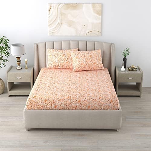 Image of LINENWALAS 100% Cotton Twill Weave All-Around Elastic Fitted Bedsheet with 2 Pillow Covers for Queen Size Bed - 200 TC, Soft Durable & Economical Printed Sheets (60x78 Inch, Paisley Drop Orange)