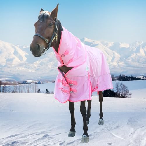 Image of Turnout Blanket for Horses, Waterproof Thickened Horse Sheet with Detachable Neck Cover,1600D Nylon Outer, 400g Heavy Weight Filling (Pink, US 78IN(EU 145cm))