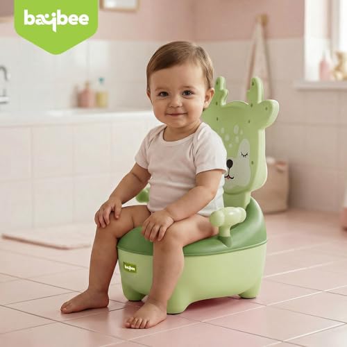Image of Baybee Deer Baby Potty Seat for Kids 2 to 5 Years with Back Support | Foldable Toilet Seat with Removable Drawer & Cleaning Brush | Premium Potty Training seat | Kids Toilet Chair Boys Girls (Green)