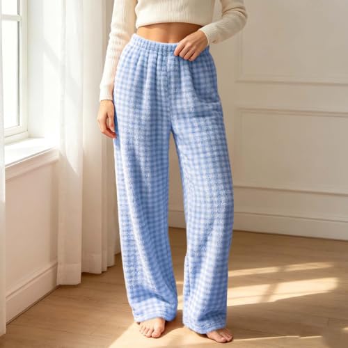 Pajama Pants Women Fleece Plaid Wide Leg Lounge Bottoms - image 2