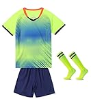 LUCKYLUAN Boys Girls Soccer Jersey Shorts Socks Set Uniform Athletic Football Sports Kit 5-6 Years Bright Green