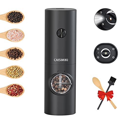 Caisimiki Electric Salt Or Pepper Grinder Battery Operated, Automatic Pepper Mill Grinder With Led Light, Adjustable Coarseness, One Hand Operated, Free Brush And Spoon, Black, 1 Pack #TOP3