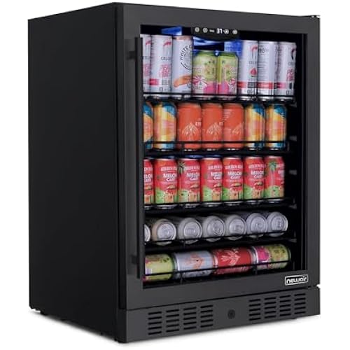 NewAir 24" Beverage Refrigerator 177 Can Capacity, Black Stainless Steel Mini Fridge with Built-in Cooler and Glass Door, Cool your Soda, Beer, and Beverages to 37F