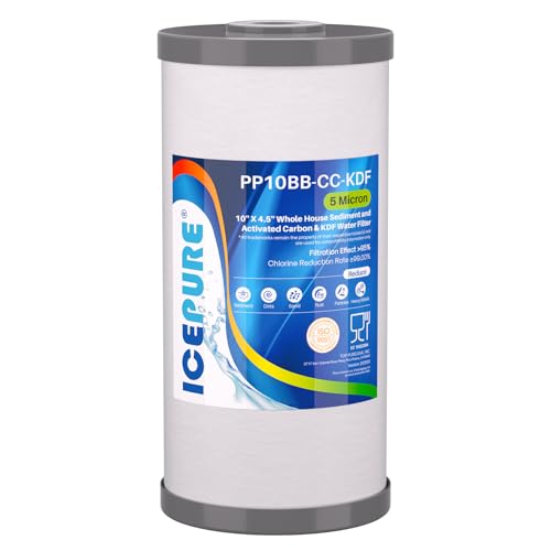 Image of ICEPURE 5 Micron 10 inch x 4.5 inch Whole House Sediment Activated Carbon and KDF Water Filter Compatible with GE FXHTC, GXWH40L, RFC-BBSA W50PEHD Whirlpool WHKF-GD25BB GXWH35F GNWH38S Dupont WFHD13001, 1PACK