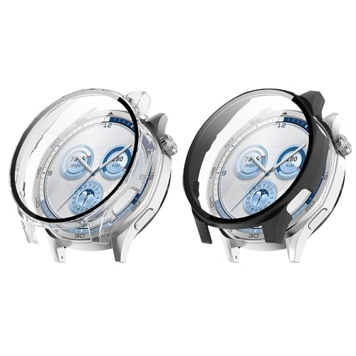 QJONSIU Cover Rigida per Huawei Watch GT 5 46mm con Vetro Temperato, [2-Pack] Cover Protettiva Antigraffio Case Compatibile con Huawei Watch GT 5 46mm-Nero Trasparente