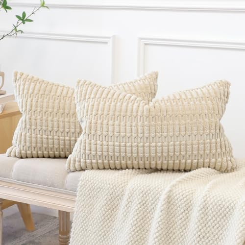 JOTOM Corduroy Soft Striped Throw Pillow Case 40x60 cm Boho Decorative Throw Pillow Covers Lumbar Cushion Case Couch Home Decor Cushion Covers for Sofa Bedroom 16x24 Inch Set of 2 (Beige) - Image 3