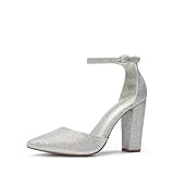 DREAM PAIRS Women's Coco High Heels Chunky Block Pumps Pointed Closed Toe Ankle Strap Dress Shoes,Size 5,Silver/Glitter,Coco