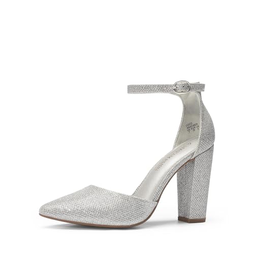 DREAM PAIRS Women's Coco High Heels Chunky Block Pumps Pointed Closed Toe Ankle Strap Dress Shoes 5.5 Silver/Glitter