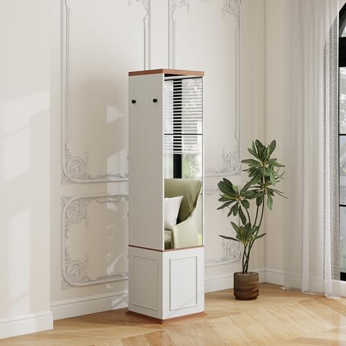 OQSC 360° Rotating Full Length Mirror with Storage, Hooks, Racks, Long High-Definition Explosion-Proof Mirror Cabinet with Swivel Base, Spinning Cabinet for Entryway, Antique White