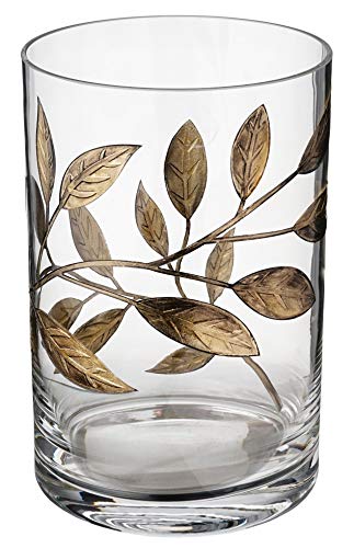 Decorative Hurricane Candleholder With Etched & Painted Leaves - Elegant Home Wedding Decor - Mouth Blown Thick Glass - 8.7 In (22 Cm) (Golden) #TOP1