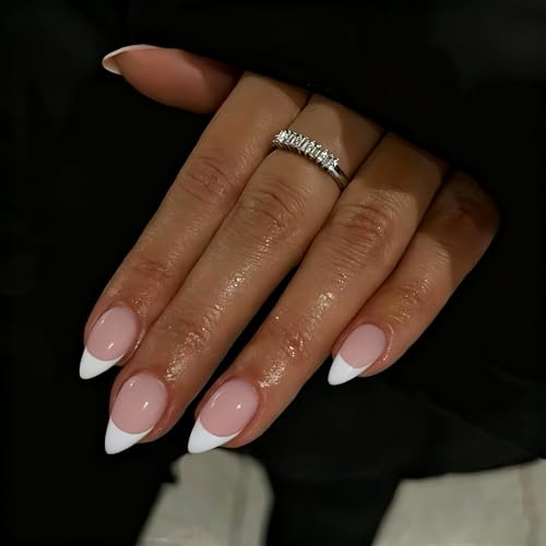 SXVME White French Tip Press On Nails Almond - Acrylic Press On Nails Medium Stiletto, French Nude Fake Nails with Glue, Fit Perfectly, Reusable Soft Gel Stick on Nails for Women, 30 Pcs