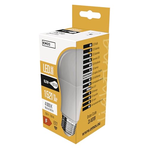 EMOS - LED-Lampe BASIC A60 - E27 Sockel - neutralweiß - 1521 lm - 15,3W (Ersatz für 100W Glühbirne) - Lebensdauer 20 000 Stunden - Abstrahlwinkel 180° - CRI min. 80