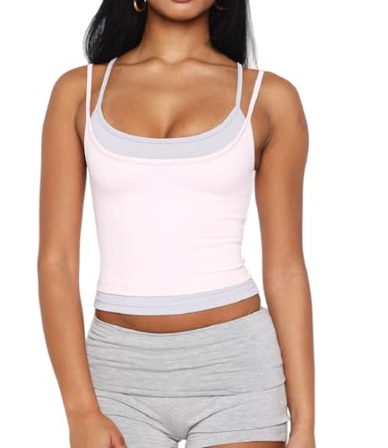 Women Double Layered Tank Tops Spaghetti Strap Yoga Workout Tops Camis Casual Going Out Cropped Top(Double Pink S)