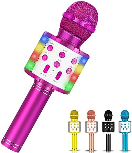 Winique Karaoke Microphone for Kids with Bluetooth & LED Lights - 5 in 1 Fun Toys Home KTV Birthday Party Player - Christmas Stocking Stuffers for Girls, Boys, and Teens(Rose Red)