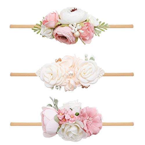 Image of mligril Baby Girl Nylon Headbands Flower Hair Bows Accessories-Elastic Hair Band Crown Handmade FLoral Wraps Birthday Gifts for Girls Newborn Infant Toddler 3Pcs