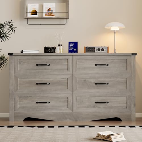 Image of BORNOON 6-Drawer Dresser for Bedroom, Modern Wooden Chest of Drawers with Metal Handles, Anti-Tipping Design, Sturdy and Stable Storage Organizer for Living Room, Entryway, Home Office
