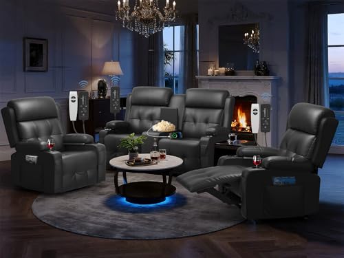 Image of Recliner Sofa Set, Home Theater Seating with Massage, Loveseat Recliner Couch and 2 Recliner Single Chairs with USB, Wall Hugger Reclining Movie Theater Chair with Cup Holders, Drawer for Gaming Room