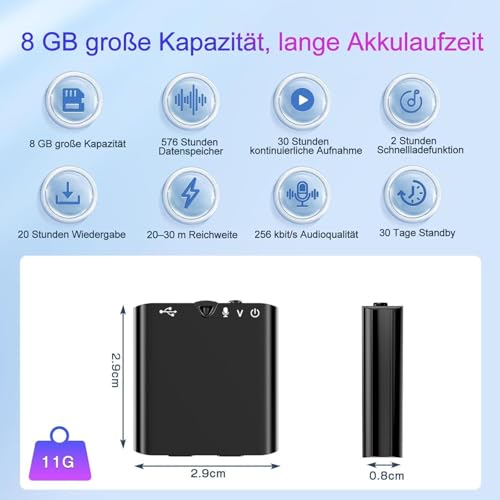 Mini Diktiergerät mit eingebautem Magnet, 16G Ultradünn nur 0,95cm, Sprachaktivierung & DSP-Rauschunterdrückung, One-Touch-Aufnahme, Tragbares Aufnahmegerät für Meetings, Interviews