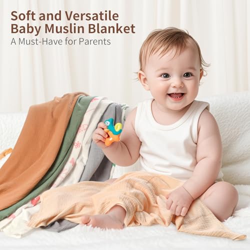 Image of Muslin Swaddle Blankets for Newborn, 2 Pack Breathable Soft Receiving Blanket, Large 41 x 41 inches Swaddle Wrap Burping Clothes, Essentials Infant Shower Items. (Beige & White)