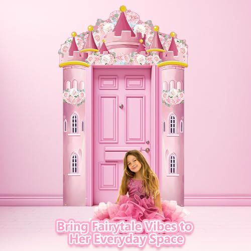 Image of Princess Castle Door Banner - 3PCS Pink Castle Backdrop with Floral Towers, Hanging Princess Photo Booth Backdrop for Girls Birthday Party Baby Shower Decorations