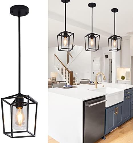 Pendant Light Fixture,Adjustable Black Iron Cage Farmhouse Metal Kitchen Island Hanging Light with Clear Glass Shade, Suitable for Kitchen Island, Entrance, Dining Room, Hallway(1 Light)