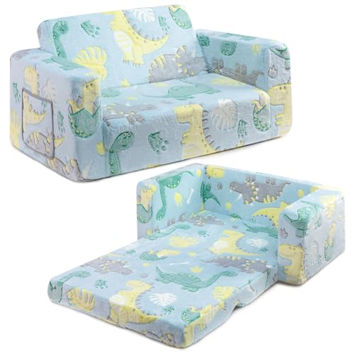 BEJOY BEJOY - Sofá de sherpa para niños, extra ancho 2 en 1, convertible en cama para niñas y niños, diseño de dinosaurio luminoso, plegable