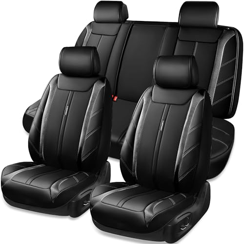 Image of CAR PASS Luxury Faux Leather Seat Covers Full Set, Breathable Sporty Premium Leather Seat Covers, Waterproof Anti Slip Auto Seat Covers Universal Fit for 95% Sedan SUV Van Truck, Black Carbon Fiber