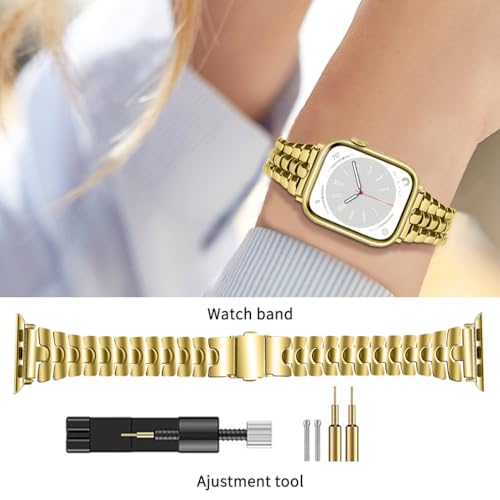 Thin Metal Band Compatible with Apple Watch Band 38mm 40mm 41mm 42mm 44mm 45mm 49mm, Dressy Stainless Steel Chain Strap, Slim Fancy iWatch Band with Case for Women Men