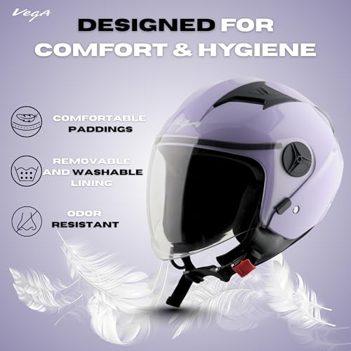 Image of Vega VO-05 Clark ISI Certified Open Face Motorcycle Helmet with High-Impact ABS Shell, UV-Resistant Scratch-Resistant Visor, Comfortable Breathable Inner Padding & Secure Fit - Light Purple - L