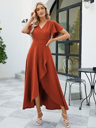 Image of Long Black Formal Dresses for Women Gowns Evening Party Cocktail Dress,Split Elegant V Neck Wrap Ruffle Wedding Guest Dresses
