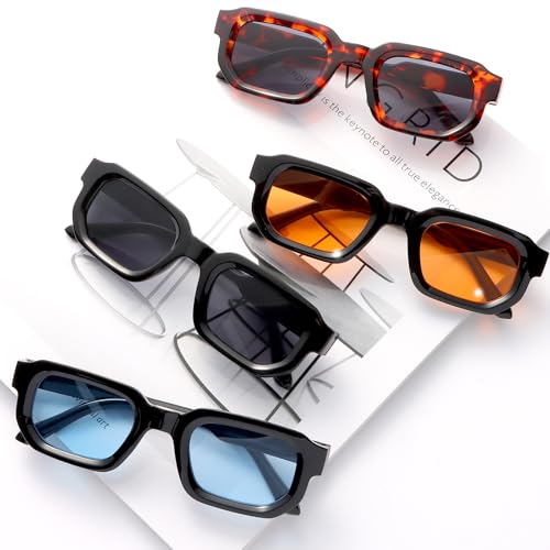 Image of 4 Pcs Retro Sunglasses for Men Women, Trendy Thick Chunky Rectangle Sun Glasses UV 400 Protectio