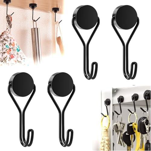 KARELLS 4 ganchos magnéticos negros extrafuertes, giratorios de neodimio, ganchos magnéticos, para puertas de hierro, frigoríficos, cocinas, percheros, oficina, imanes
