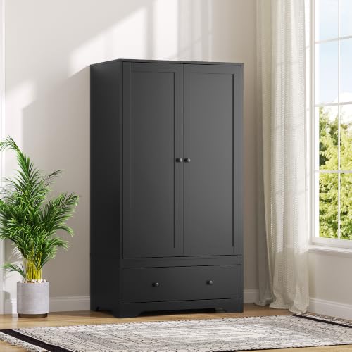 Image of Panana Modern 2 Door 1 Drawer Wardrobe for Bedroom, 80 x 50 x 150 cm, Black