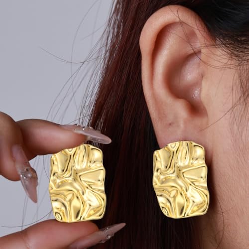 Geometric Rectangle Gold Stud Earrings Irregular Hammered Chunky Statement Square Earrings for Women Trendy2