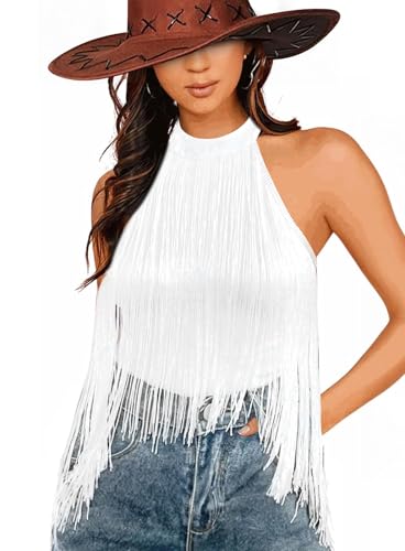 Image of Ella Lust Women Western Fringe Bodysuit - Cowgirl Country Concert Outfit Boho Tassel Hem High Cut Skinny Festival Tank Top